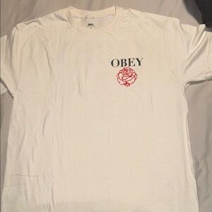 Obey White T-Shirt with Red Rose Graphic